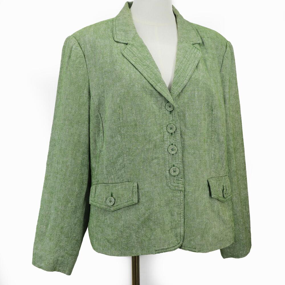 Coldwater Creek Womens Green Linen Blend Lined Blazer Jacket Size PL